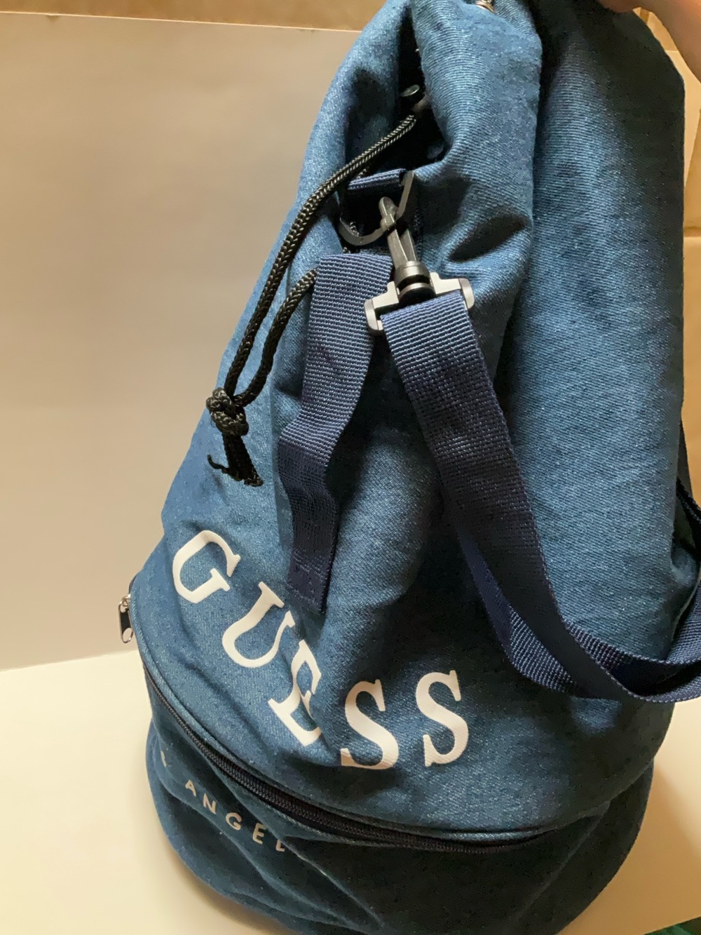 GUESS Los Angeles Cotton Denim Blue Bucket Duffle Drawstring Gym Bag Bottom Zip